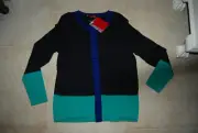 NWT Black Teal Cobalt Blue Hidden Snap NARCISO RODRIGUEZ LS Geometric Sweater XL