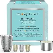 Lovley Lites Soy Tealight Candles Unscented - 36 Premium Long Burning Tea Lights, 1 Inch Tall White Non Scented Soy Wax Tealights + Glass Candle Holder