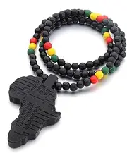 [Ztexkee] Africa Map Pendant Wooden Bead Chain Necklace Africa Necklace Hip Hop Rapper Jewelry for Men