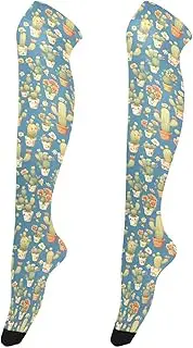 [FRODOTGV] Green Cactus Pot Blue Knee-High Hosiery for Women Soft Long Stockings for Women Over Knee High Sock, Cactus Pot Blue