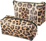 FITINI 2 Pcs Leopard Makeup Bag Travel Cosmetic Case Portable Multifunction Toiletry Bags Organizer Brushes Storage Bags with Gold Zipper for Women Clutch Purse