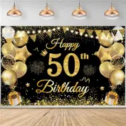 50th Birthday Banner, Black & Gold Photo Backdrop, 180x115cm for Party Decoratio