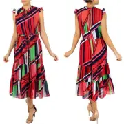 Julia Jordan Multicolor Printed Drawstring Waist Tiered Ruffle Midi Dress Size 2