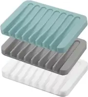 Silicone Soap Dish Drain 3 Pcs Bar Soap Holder Shower/Bathroom White, Gray, Teal