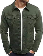 [JEShifangjiusu] Men's Lapel Fashion Denim Jacket Slim Fit Vintage Trucker Jackets Long Sleeve Single Breasted Duty Jacket, Army Green, M