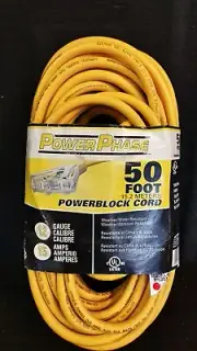 50 ft 15AMP 12/3 Power-Phase Yellow 3 Outlet Extension Hvy Duty POWERBLOCK Cord