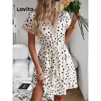 在飛比找蝦皮商城優惠-Lovito 女用休閒點點網紗拼接抽繩洋裝（白色） LNL3