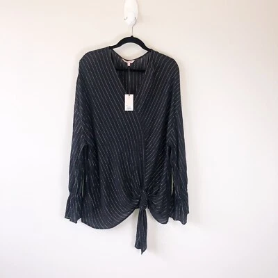 Juicy Couture Tie Front Surplice Flare Sleeve Black Silver Blouse Women XXL NWTs