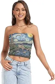 [RPLIFE] Paris Starry Night Summer Tops, Women Strapless Top, Sheer Tube Tops, Trendy Crop Tops (S)