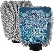 XYMZR Blue Lines Cow Floral Absorbent Microfiber Car Wash Mitt, Funny Cute Anime Scratch Free for Cars Cleaning, Home Cleaning Mitts, 2 Pack, 10.24” L x 7.09” W