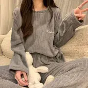 Set: Long-Sleeve Crew Neck Lettering Embroidered Fleece Pajama Top + High Waist Wide Leg Pants Gray - S