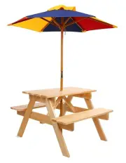 [Keezi] Outdoor Table and Chairs Wooden Picnic Bench Set Umbrella in Natural