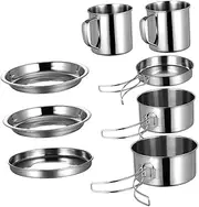 NULYLU Stainless Steel Camping Cooking Set 8-Piece Outdoor Cooking Tool Kit Picnic Cookware Portable for Hiking BBQ Climbing
