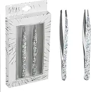 [EXPRESSIONS] 2pc Glitter Tweezer Set in Silver - Pointed Tweezers For Fine Ingrown Hair & Slanted Tweezers For Precision Grooming | Pack of 2 Tweezers For Women, Everyday Hair Tweezers For Plucking