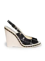 Black Tweed CC Chain Accent Slingback Wedge Sandals