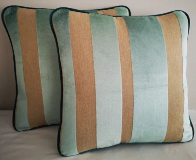 LAURA ASHLEY LUCCA STRIPE Pair of cushion covers 42cm x 42cm Teal velvet piped