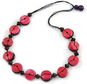 [Avalaya] Deep Pink/Purple Button Shape Wood Bead Black Cotton Cord Necklace - 72cm L, One Size, cords Wood