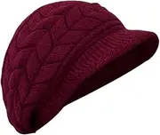 [COLLBATH] Women's Knit Beanie Hat with Visor Red Wool Warm Cap for Outdoor Activities