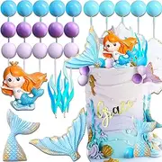 JeVenis 25 PCS Little Mermaid Cake Toppers Purple Blue Balls Cake Topper Under the Sea Cake Decoration Seashell Cake Topper Mermaid Tail Cake Toppers Mermaid Party Supplies