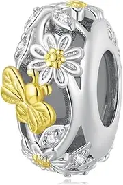 [Teleye] Daisy & Bee Bead Charm 925 Sterling Silver Charm Fits For Pandora Bracelet Necklace,BSC819, Cubic Zirconia, Created Cubic Zirconia