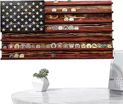 Flag Coin Display – Wooden Shelf Rack, Challenge Holder, Patriotic Storage Stand | Handcrafted Multi-Row Display Structure, Rustic Engraved Flag Background Layout for Office, Man cav