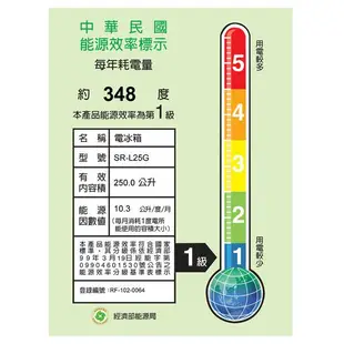 SAMPO 聲寶 250公升 省電 節能1級 雙門 冰箱 SR-L25G (S2.璀璨銀/ W2.典雅白) $1XX00