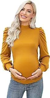 [FUNJULY] Maternity Shirts Women's Casual Floral Print Tops Pregnancy Puff Short Sleeve Striped Ruched Side Tunic Top