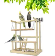 Wooden Parrot Playstand with Stainless Steel Feeders, Swing, Ladder, Tray & Perches - 15.7 x 10.2 x 17.9