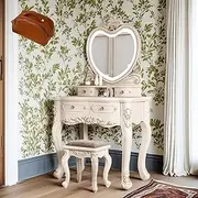 European Vintage Dressing Table, Vanity Desk with Heart-Shaped Smart Mirror, 3 Lighting Modes,1 Stool, Pack of Cosmetic Bag