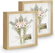 2pcs 8x8 Shadow Box Frame Display Case, 3D Picture Frame with Glass, Display Case Box for Photos, Memorabilia, Crafts, Souvenir, Wedding Memories, Baby Items - Natural Wood