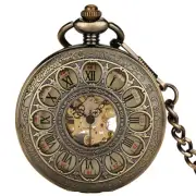 Bronze Hollow Out Flower Case Men Handwind Mechanical Pocket Watch FOB Chain