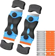 Razor Blade Scraper 2-in-1 Multi-Surface Tool 2-Pack for Car Windows, Glass, Vinyl, Stickers, Ceramic Cooktops, Dual-Edge Adhesive Remover with Safety Cap, Ergonomic Handle, Blue