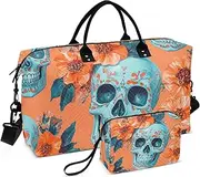 [ZRYSMY] Sugar Skulls Orange Flowers Duffel Bag for Traveling, Travel Bag Gym Bag, with Multiple Interior Pockets Shoulder Weekender Bag for Women Men with Toiletry Bag 20.5L x 1.9W x 13.8H