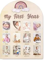 Whaline My First Year Baby Growth Photo Display Wood Board 12 Months Milestone Board Boho Rainbow Photo Frame Board for First Birthday Nursery Decor Baby Keepsake