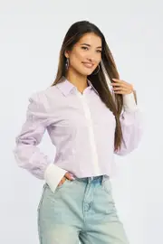 Purple Shirt Long Sleeve Collared Shirred Button Up - Size 16XL, Women's Shirt