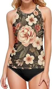 [Joisal] Swimsuit Tops, Vintage Floral Beige Halter Tankini Tops for Women, Bathing Suit with Built in Bra, Small