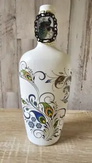 Decoupaged Peacock Feather Themed Bottle 11.5" Tall