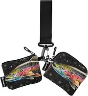 [XYMZR] Mini Zip Around Wristlet keychain Wallet Trout Colorful Black for Women Personalized Pattern Detachable Dual Pouch Wristlet Portable Wallet Phone Coin Purse, Multi-colored, One Size