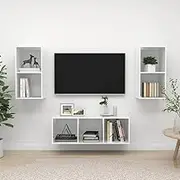 High Gloss White TV Stand Entertainment Center Set, Modern Shelves Wall Mounted Living Room Storage Cabinets Table, TV Stand Tables for Room Furniture