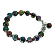 Murano Glass Bracelet Black Multi Silver Millefiori Handmade Venice 15 Beads