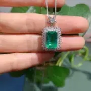 14k White Gold Plated Halo 3.00Ct Emerald Cut Lab Created Green Emerald Pendant