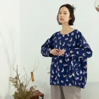 在飛比找momo購物網優惠-【MOSS CLUB】日本素材兔子圓領繭型長袖上衣(藍 白)