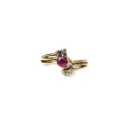 14K Solid Gold Ruby Diamond Aquamarine Double Band Ring, Natural Gemstones