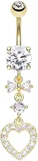 [Pierced Owl] 14GA Stainless Steel CZ Crystal Bow and Heart Drop Dangling Belly Button Ring