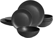 [forlent] Dinnerware Sets 12 pcs Black Plates and Bowls Sets Melamine Plates Indoor and Outdoor use Matte Black Dish Set Plate Set for 4 Dishwasher Safe(Round)