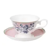 Fine Bone China Blue Rose Toile Pink Coffee Cups and Saucers, Set of 4