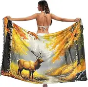 [XYMZR] Women's Sarong Swimsuit Coverups Autumn Moose Forest Chiffon Bikini Wraps Skirt with Tassels L