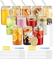 12pcs Drinking Glasses Cups with Glass Straw and Bamboo Lids - 16oz Beer Can Shaped, Iced Coffee Tumbler Clear Cup for Cocktail, Whiskey, Cola, Juice, Soda, Tea, Water | Gift Set Family Party Bar ﻿