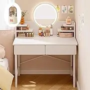 Makeup Vanity Table,Dressing Table with Storage Shelves,Vanity Desk with Mirror 3 Lighting Modes,Writing Desk with 2 Large Drawers(80cm)