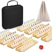 Soopotay 8 Player Rummy Game Set, 214 Melamine Tiles, 8 Wooden Holders, Premium Portable Case, Drawstring Bag, Tile Board Games for Adult/Travel, Birthday Gifts for Men Women